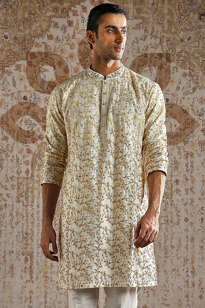 Ivory Chanderi Silk Embroidered Kurta Set by ASUKA at Pernia's Pop Up Shop