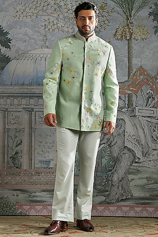 Mint Linen Embroidered Bandhgala Set by ASUKA