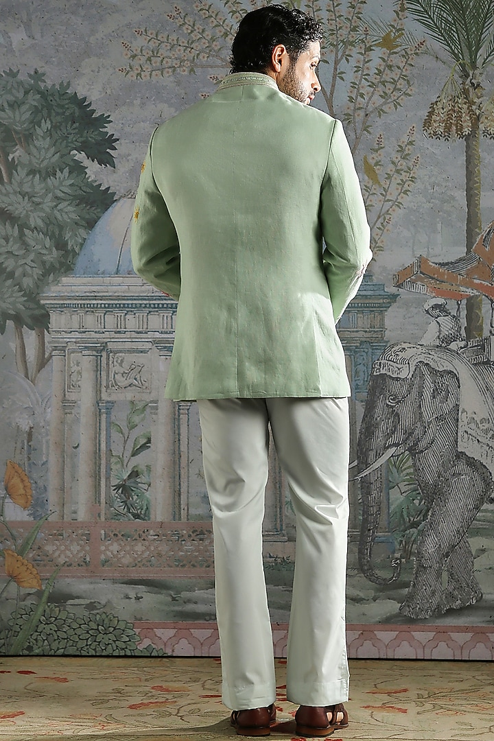 Mint Linen Embroidered Wedding Bandhgala Set by ASUKA at Pernia's Pop Up Shop