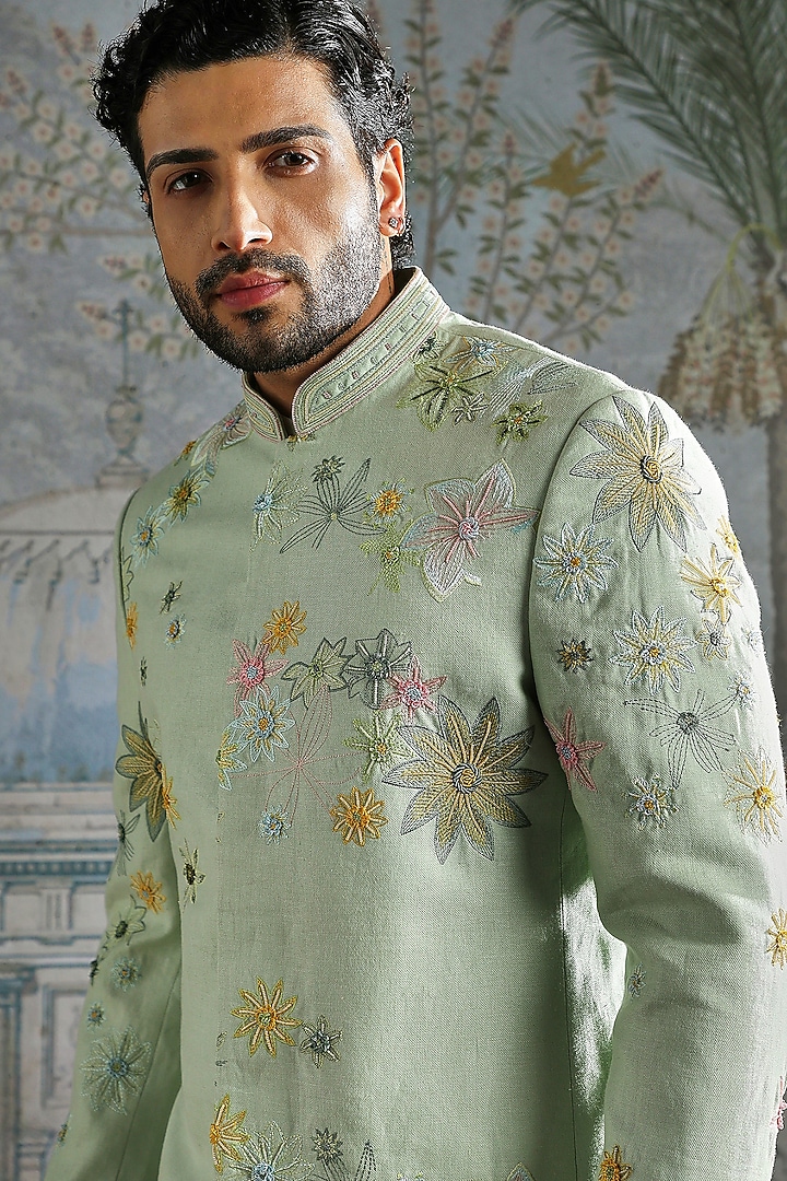 Mint Linen Embroidered Wedding Bandhgala Set by ASUKA at Pernia's Pop Up Shop