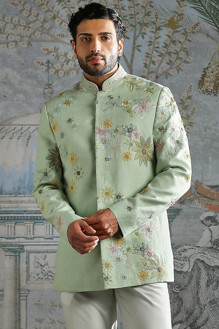 Mint Linen Embroidered Wedding Bandhgala Set by ASUKA at Pernia's Pop Up Shop