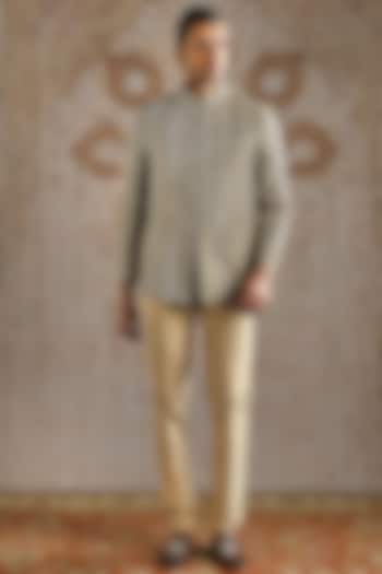 Champagne Jacquard Silk Wedding Bandhgala Set by ASUKA at Pernia's Pop Up Shop
