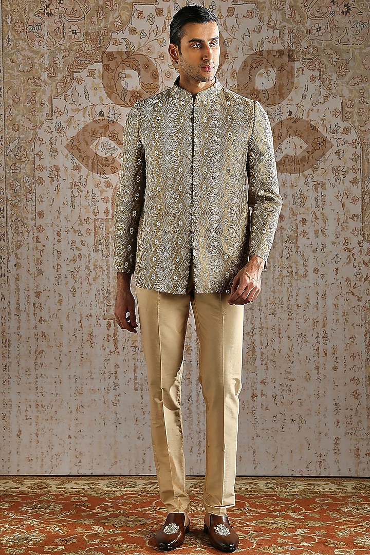 Champagne Jacquard Silk Wedding Bandhgala Set by ASUKA at Pernia's Pop Up Shop