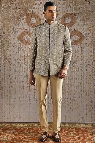 Champagne Jacquard Silk Bandhgala Set by ASUKA