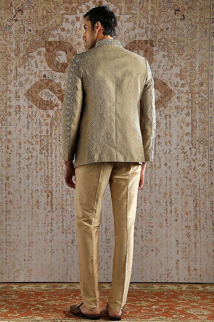 Champagne Jacquard Silk Wedding Bandhgala Set by ASUKA at Pernia's Pop Up Shop