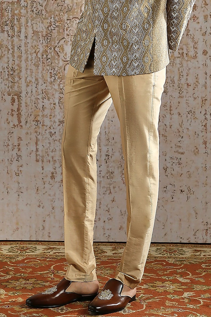 Champagne Jacquard Silk Wedding Bandhgala Set by ASUKA at Pernia's Pop Up Shop