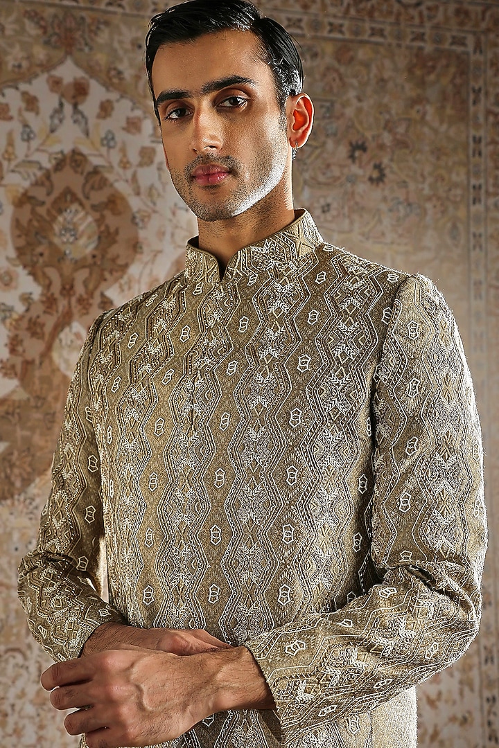 Champagne Jacquard Silk Wedding Bandhgala Set by ASUKA at Pernia's Pop Up Shop