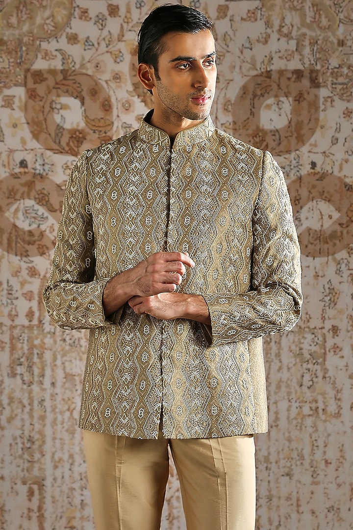 Champagne Jacquard Silk Wedding Bandhgala Set by ASUKA at Pernia's Pop Up Shop