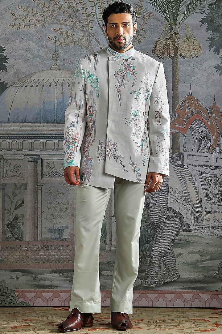 Frost Blue Linen Threadwork Wedding Bandhgala Set by ASUKA at Pernia's Pop Up Shop