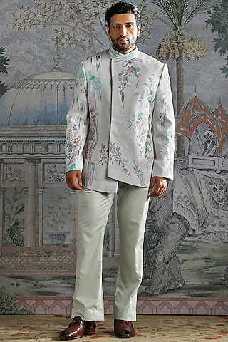 Frost Blue Linen Threadwork Bandhgala Set by ASUKA