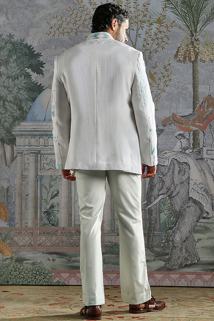 Frost Blue Linen Threadwork Wedding Bandhgala Set by ASUKA at Pernia's Pop Up Shop