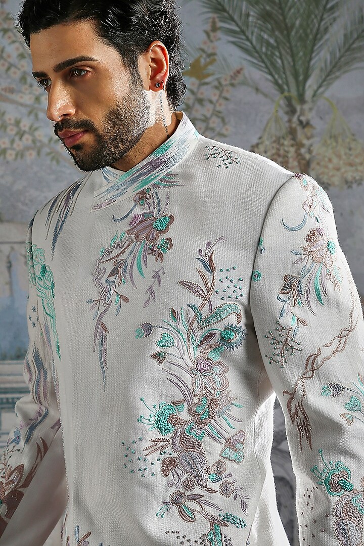 Frost Blue Linen Threadwork Wedding Bandhgala Set by ASUKA at Pernia's Pop Up Shop