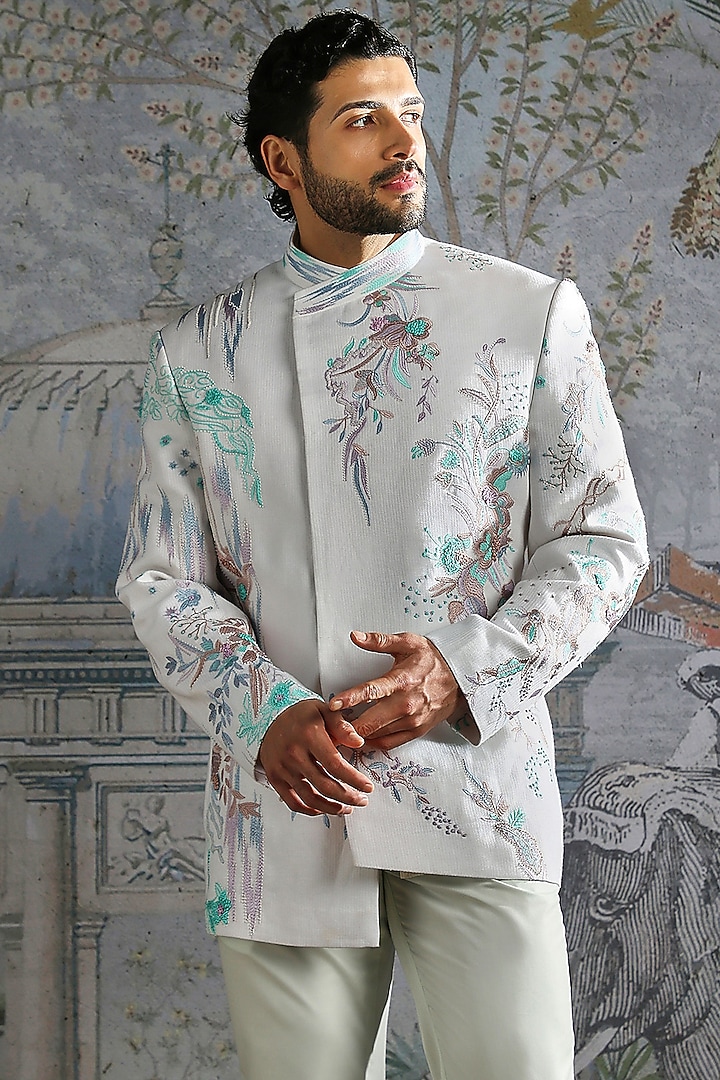 Frost Blue Linen Threadwork Wedding Bandhgala Set by ASUKA at Pernia's Pop Up Shop