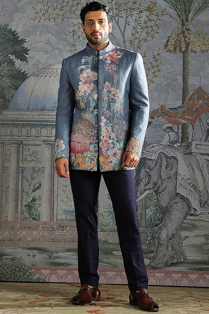 Dusty Blue Linen Floral Embroidered Wedding Bandhgala Set by ASUKA at Pernia's Pop Up Shop