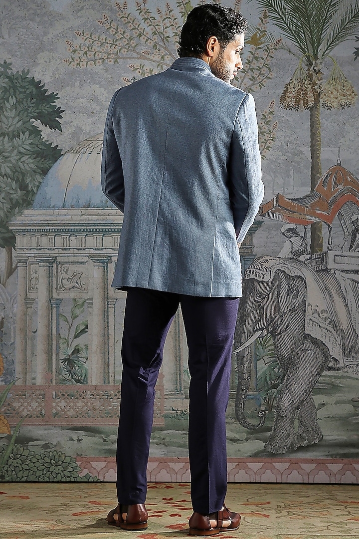 Dusty Blue Linen Floral Embroidered Wedding Bandhgala Set by ASUKA at Pernia's Pop Up Shop
