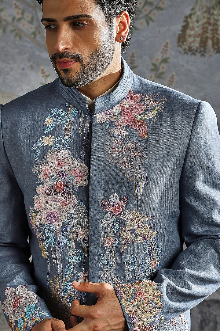 Dusty Blue Linen Floral Embroidered Wedding Bandhgala Set by ASUKA at Pernia's Pop Up Shop