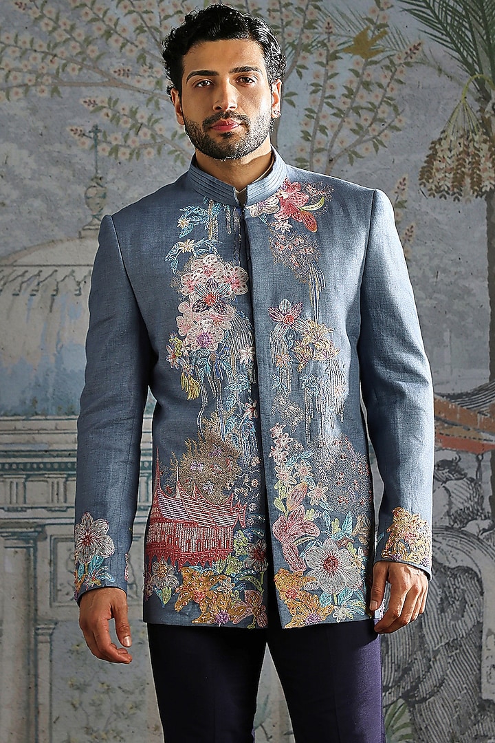 Dusty Blue Linen Floral Embroidered Wedding Bandhgala Set by ASUKA at Pernia's Pop Up Shop