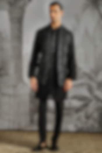 Black Raw Silk Textured Bundi Jacket Set by ASUKA at Pernia's Pop Up Shop