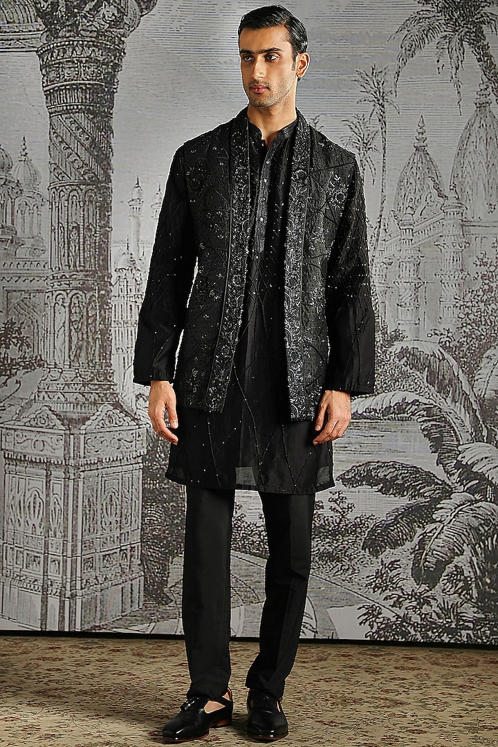 Black Raw Silk Textured Bundi Jacket Set by ASUKA at Pernia's Pop Up Shop