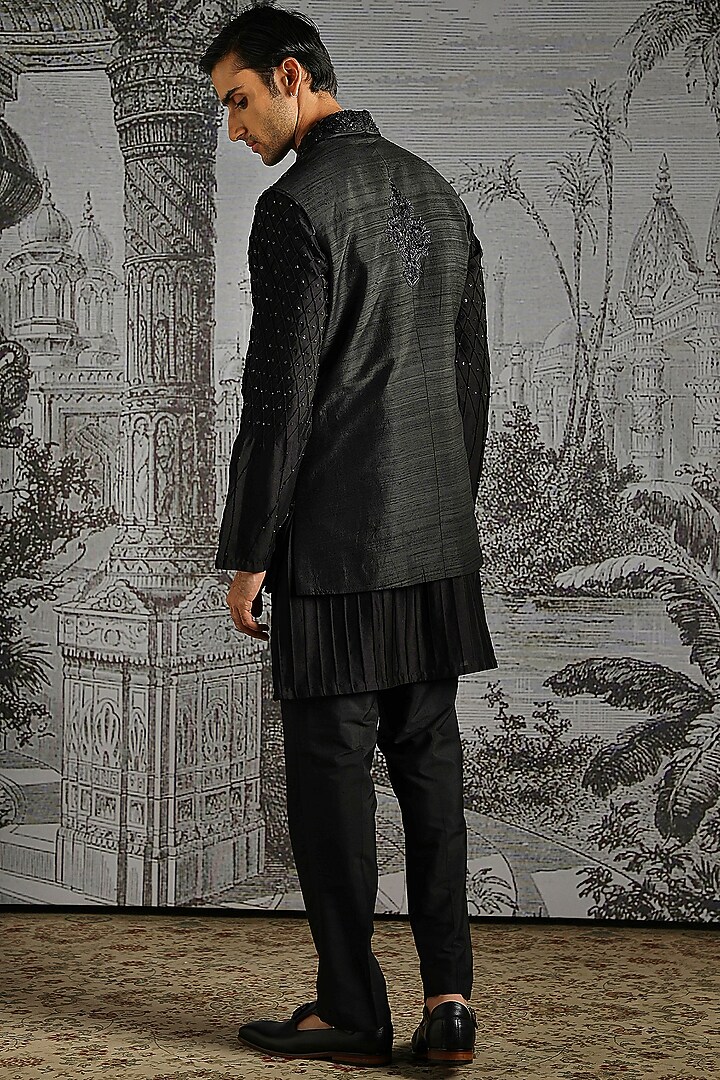 Black Raw Silk Textured Bundi Jacket Set by ASUKA at Pernia's Pop Up Shop