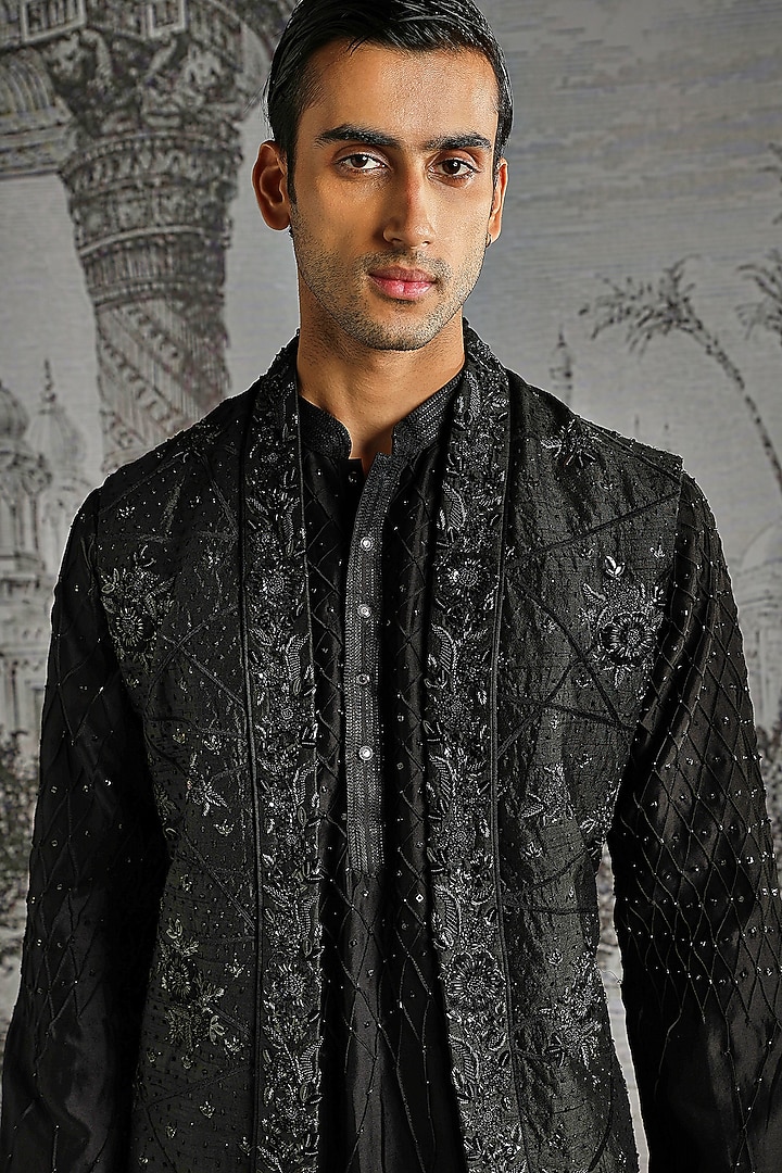 Black Raw Silk Textured Bundi Jacket Set by ASUKA at Pernia's Pop Up Shop