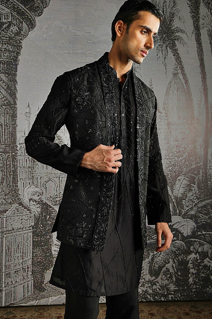 Black Raw Silk Textured Bundi Jacket Set by ASUKA at Pernia's Pop Up Shop
