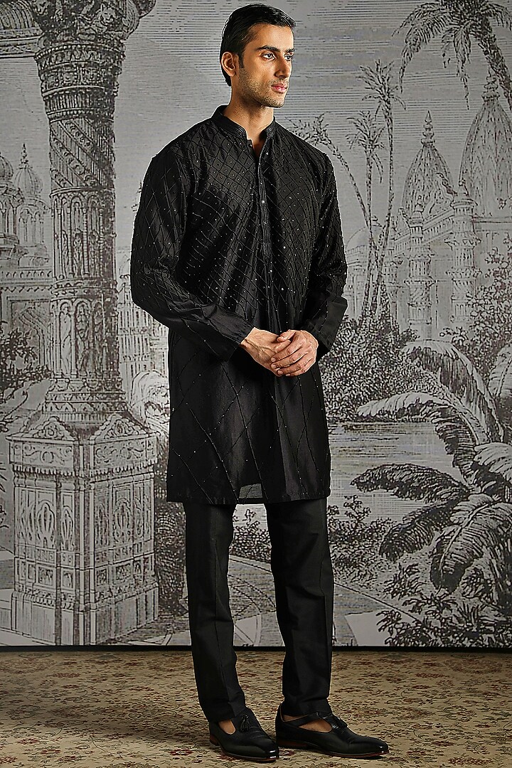 Black Raw Silk Textured Bundi Jacket Set by ASUKA at Pernia's Pop Up Shop