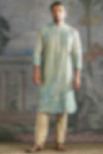 Aqua Pastel Green Chanderi Silk Embroidered Kurta Set by ASUKA at Pernia's Pop Up Shop