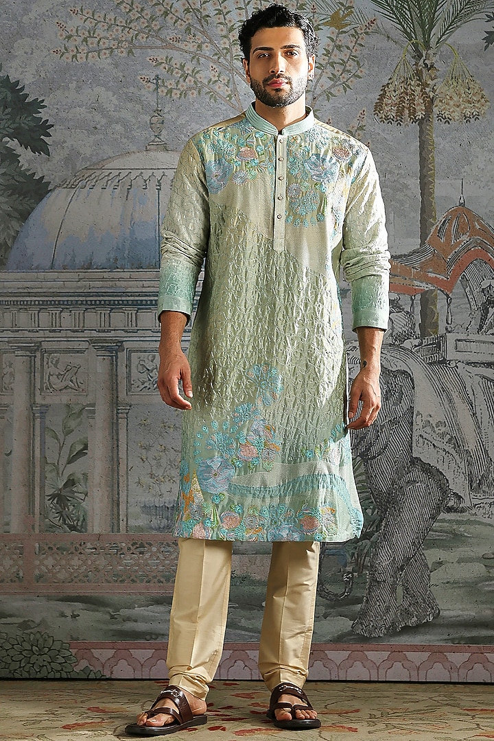 Aqua Pastel Green Chanderi Silk Embroidered Kurta Set by ASUKA at Pernia's Pop Up Shop