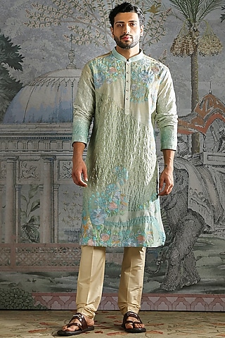 Aqua Pastel Green Chanderi Silk Embroidered Kurta Set by ASUKA