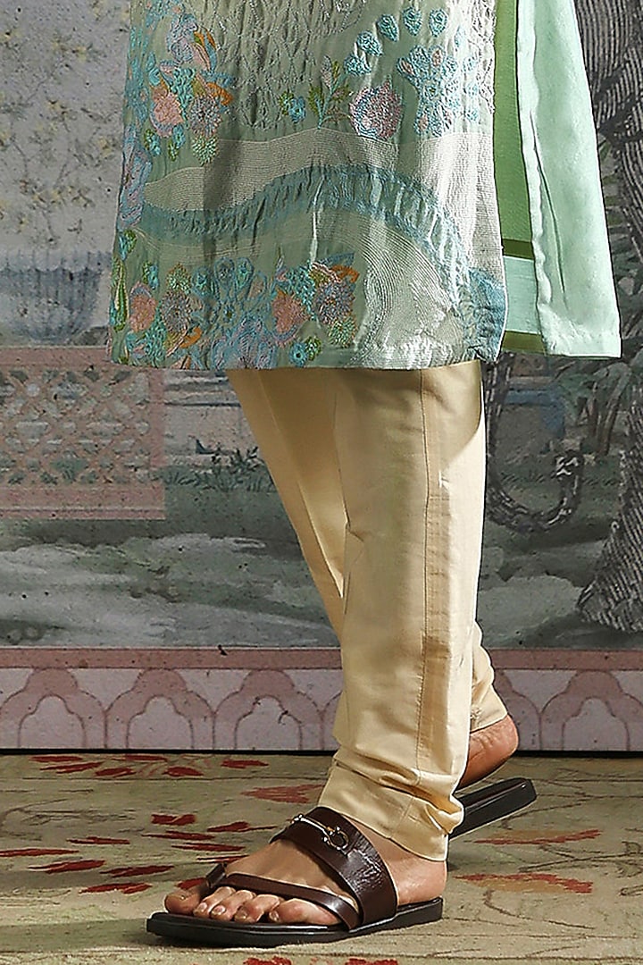 Aqua Pastel Green Chanderi Silk Embroidered Kurta Set by ASUKA at Pernia's Pop Up Shop