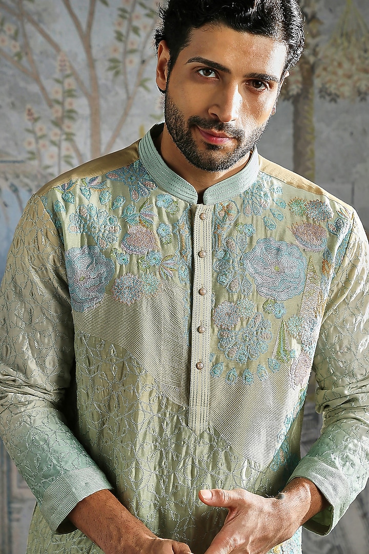 Aqua Pastel Green Chanderi Silk Embroidered Kurta Set by ASUKA at Pernia's Pop Up Shop