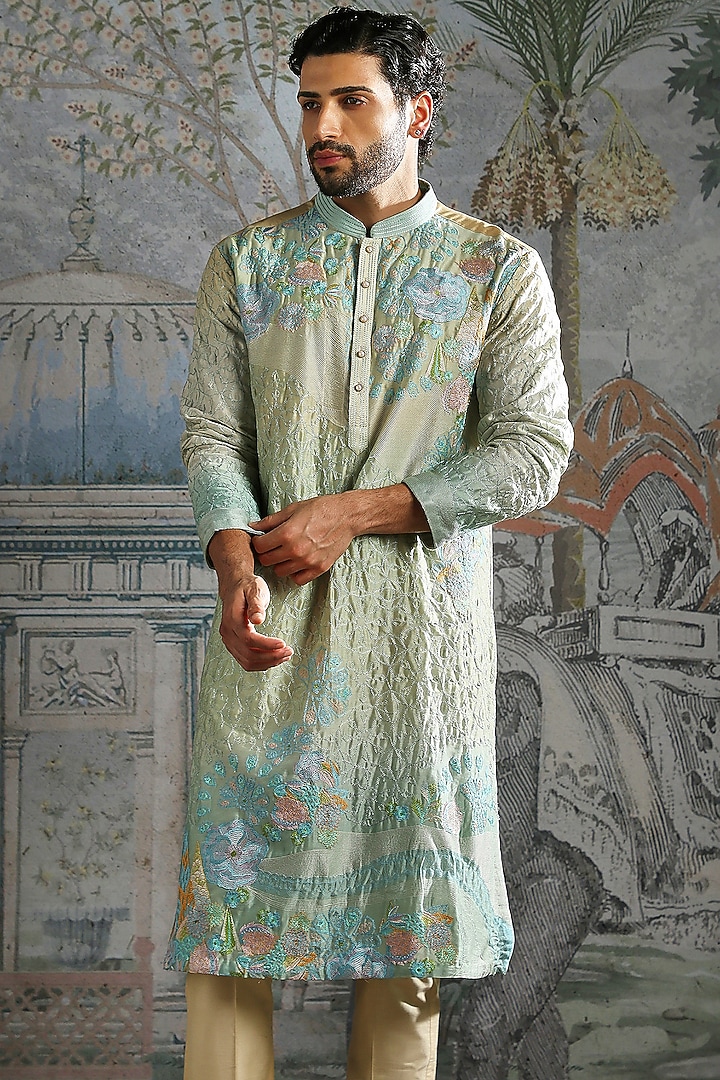 Aqua Pastel Green Chanderi Silk Embroidered Kurta Set by ASUKA at Pernia's Pop Up Shop