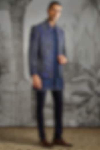 Navy Raw Silk Embroidered Wedding Bandhgala Set by ASUKA at Pernia's Pop Up Shop