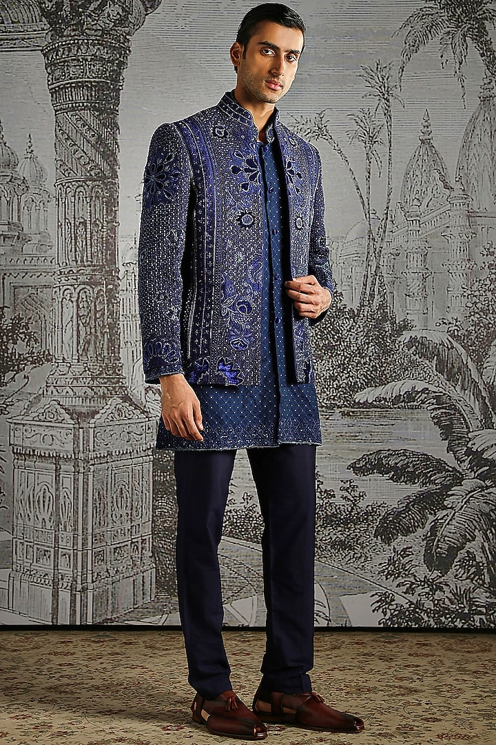 Navy Raw Silk Embroidered Wedding Bandhgala Set by ASUKA at Pernia's Pop Up Shop