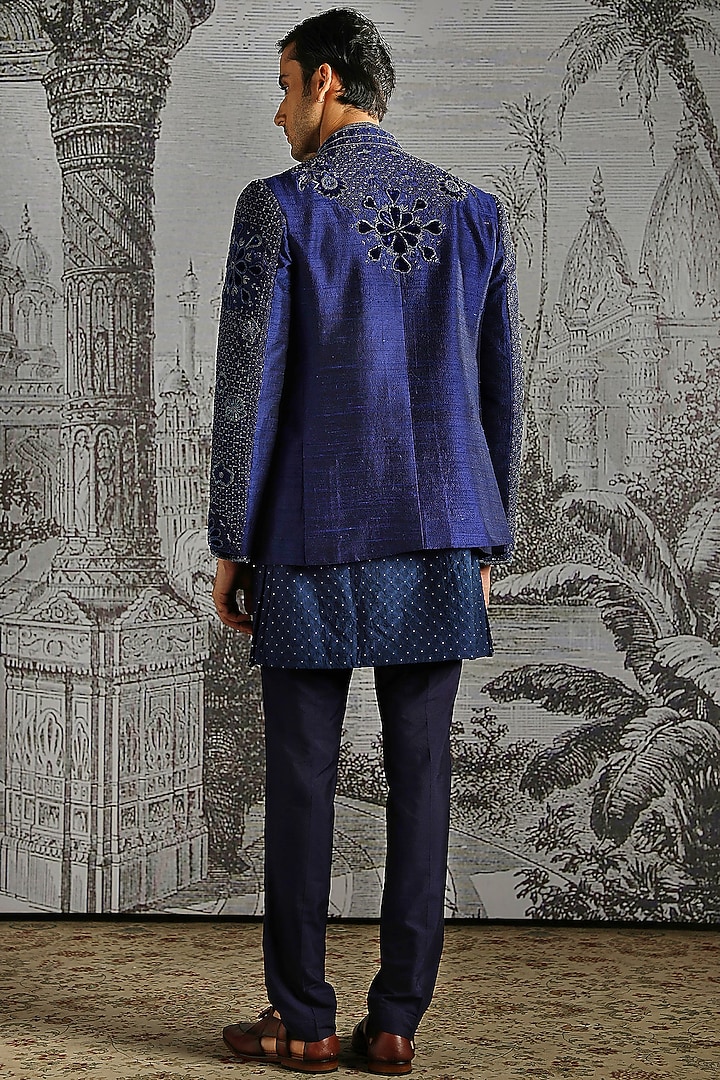 Navy Raw Silk Embroidered Wedding Bandhgala Set by ASUKA at Pernia's Pop Up Shop