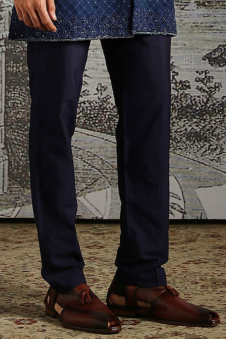 Navy Raw Silk Embroidered Wedding Bandhgala Set by ASUKA at Pernia's Pop Up Shop