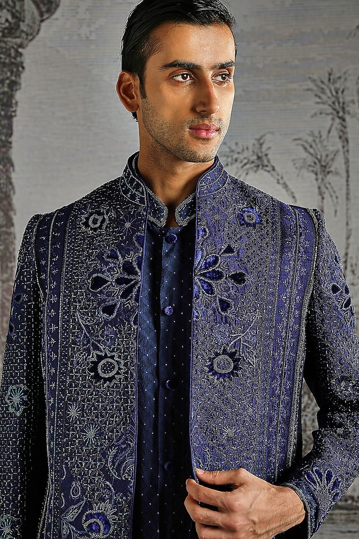 Navy Raw Silk Embroidered Wedding Bandhgala Set by ASUKA at Pernia's Pop Up Shop