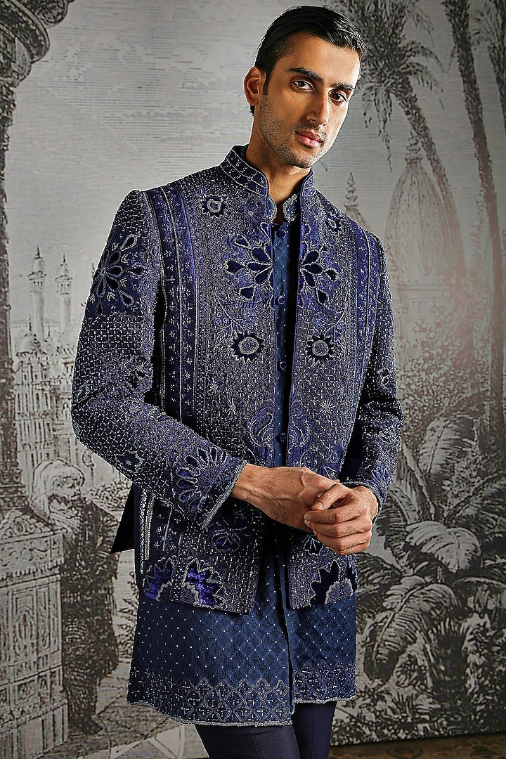 Navy Raw Silk Embroidered Wedding Bandhgala Set by ASUKA at Pernia's Pop Up Shop