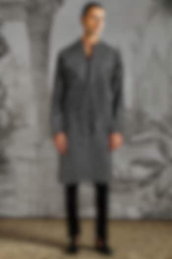 Black Velvet Jacquard Stripe Handloom Kurta Set by ASUKA at Pernia's Pop Up Shop