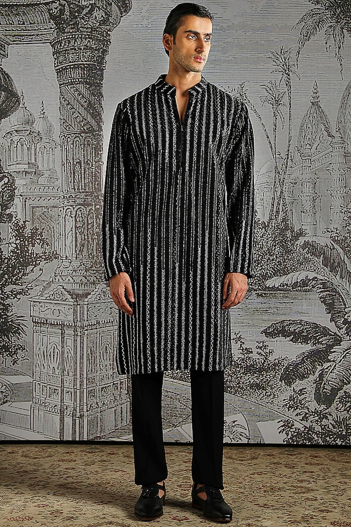 Black Velvet Jacquard Stripe Handloom Kurta Set by ASUKA at Pernia's Pop Up Shop