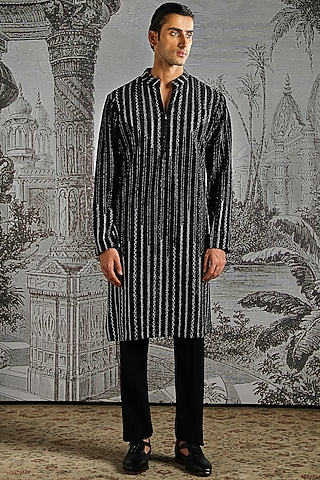 Black Velvet Jacquard Stripe Handloom Kurta Set by ASUKA