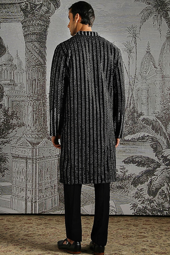 Black Velvet Jacquard Stripe Handloom Kurta Set by ASUKA at Pernia's Pop Up Shop
