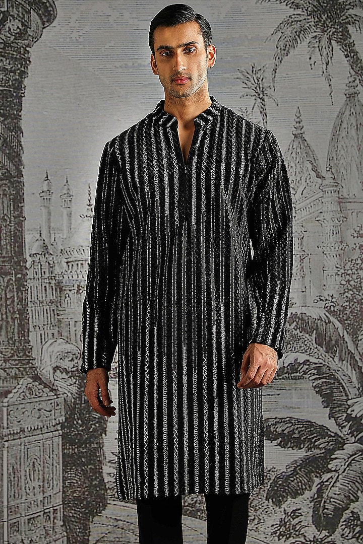 Black Velvet Jacquard Stripe Handloom Kurta Set by ASUKA at Pernia's Pop Up Shop