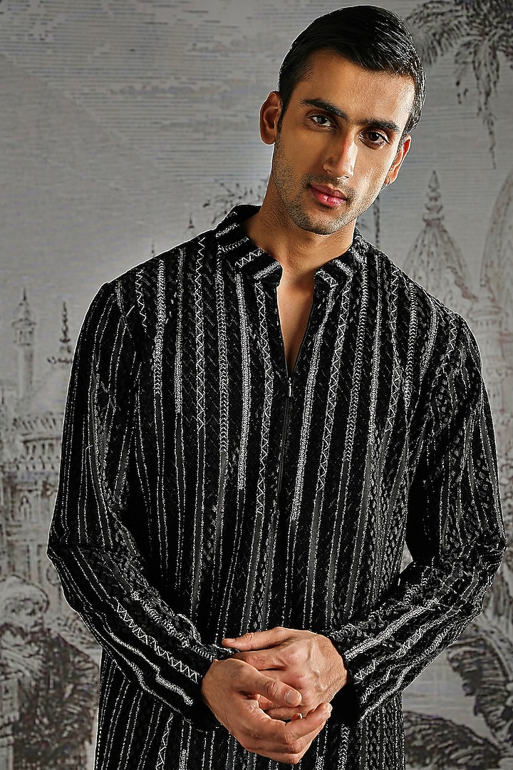 Black Velvet Jacquard Stripe Handloom Kurta Set by ASUKA at Pernia's Pop Up Shop