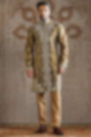 Deep Olive Green Tissue Floral Embroidered Kurta Set by ASUKA at Pernia's Pop Up Shop