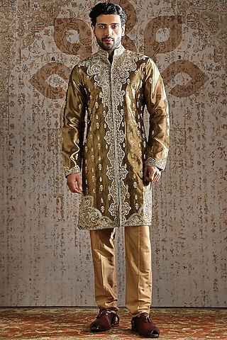 Deep Olive Green Tissue Floral Embroidered Kurta Set by ASUKA