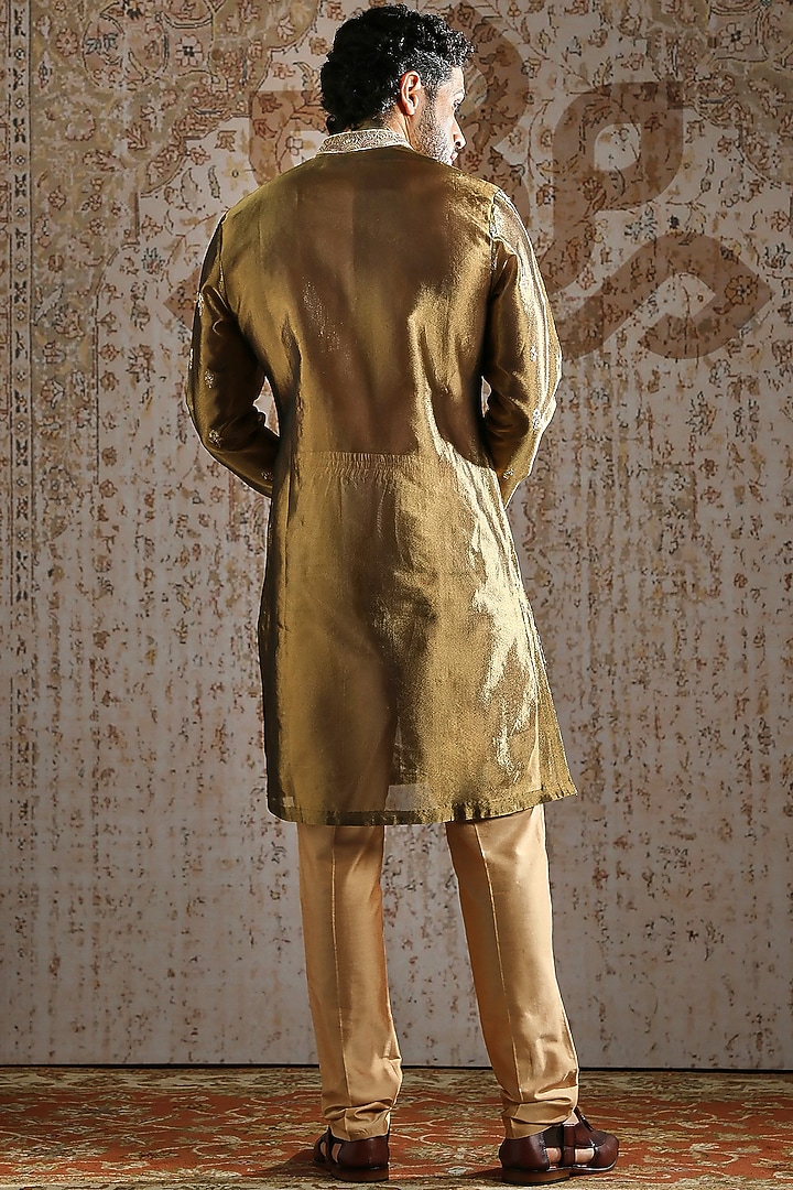 Deep Olive Green Tissue Floral Embroidered Kurta Set by ASUKA at Pernia's Pop Up Shop