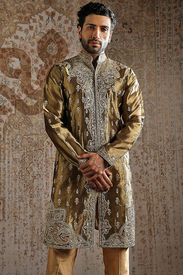 Deep Olive Green Tissue Floral Embroidered Kurta Set by ASUKA at Pernia's Pop Up Shop
