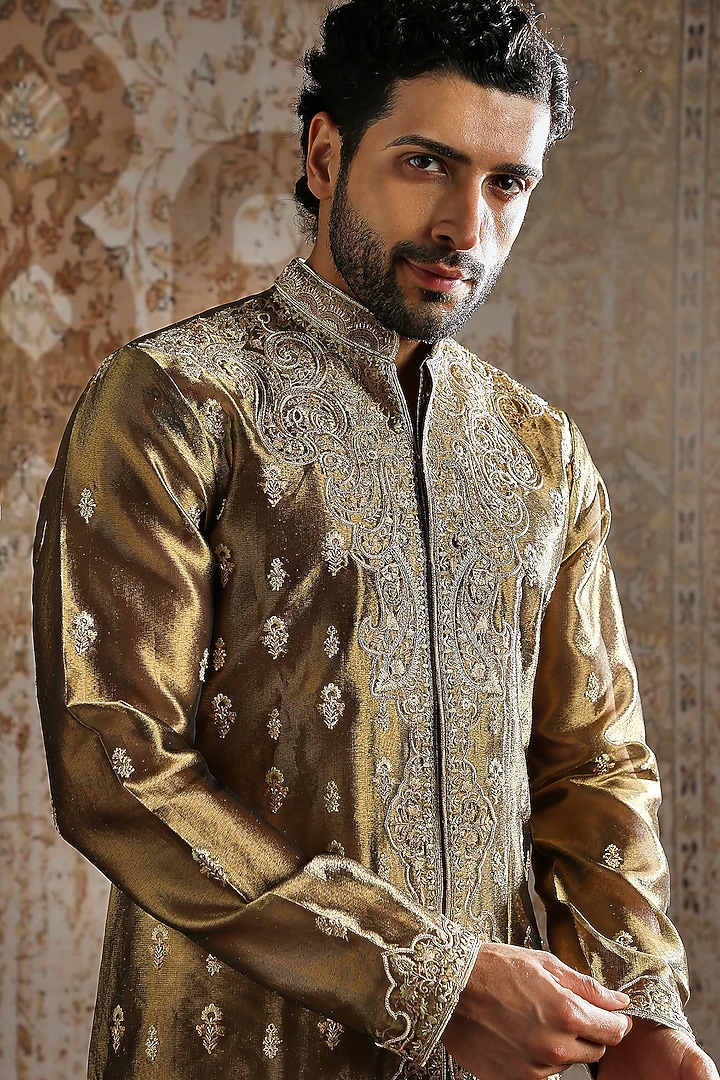 Deep Olive Green Tissue Floral Embroidered Kurta Set by ASUKA at Pernia's Pop Up Shop